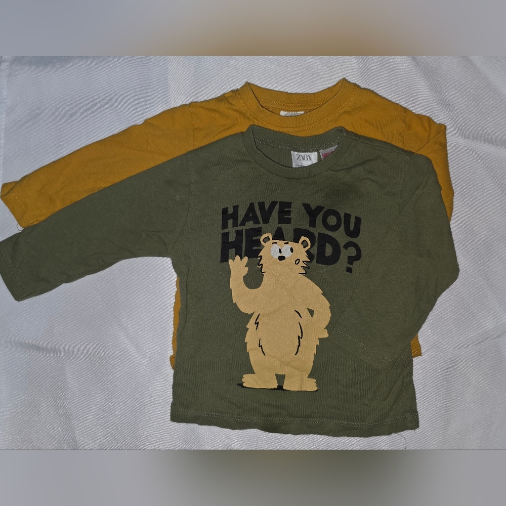 Zara Kids Olive and Mustard Bear Long Sleeve Tees